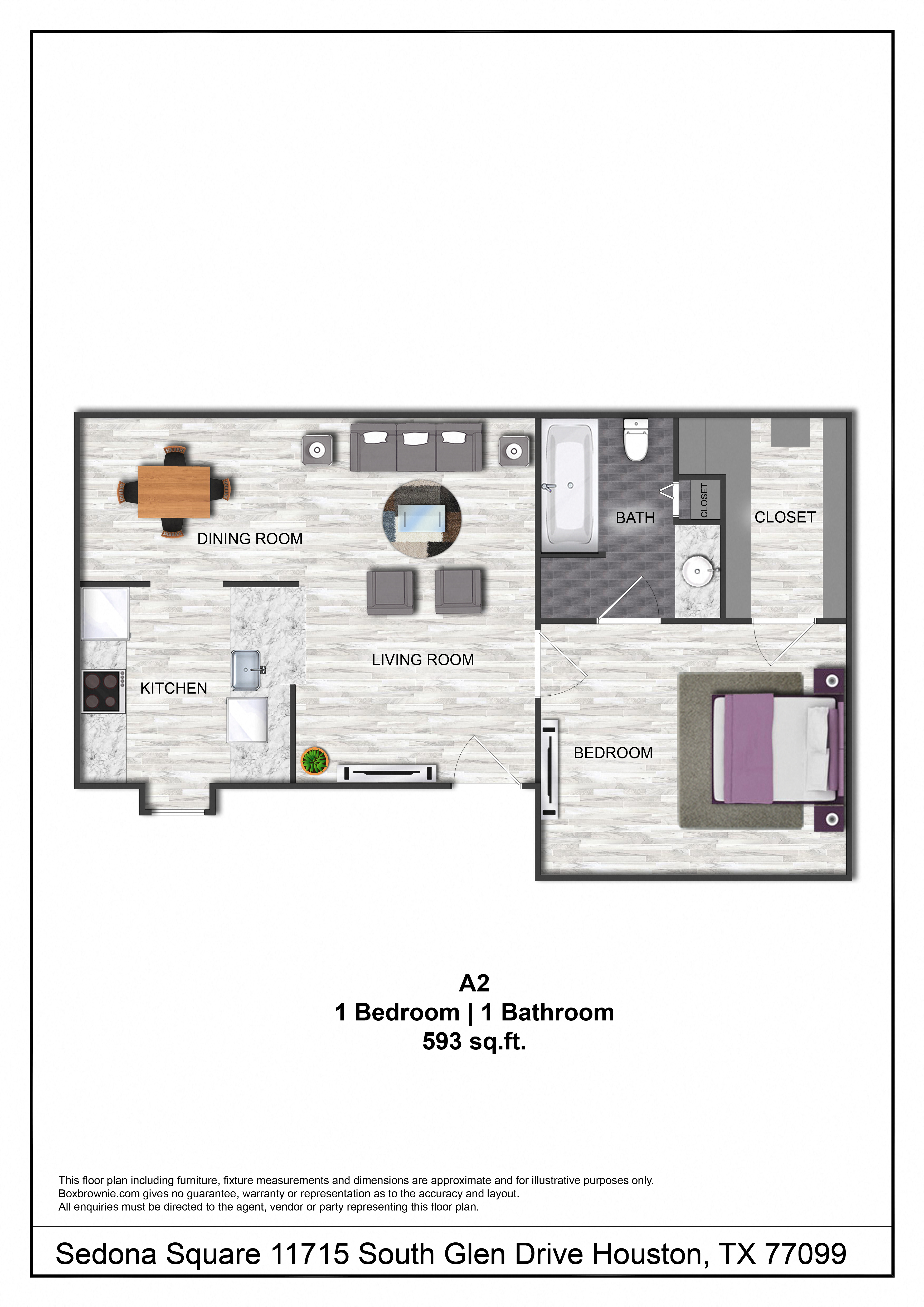 Floor plan for 1 bed, 1 bath, 593 sqft
